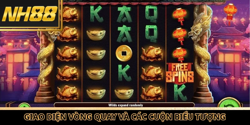 Giao diện vòng quay và các cuộn biểu tượng trong trò slot.