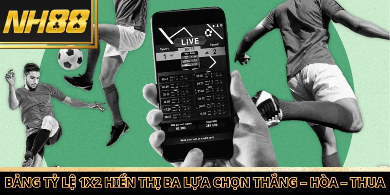 Bảng tỷ lệ 1X2 hiển thị ba lựa chọn thắng – hòa – thua trong giao diện cược bóng đá.