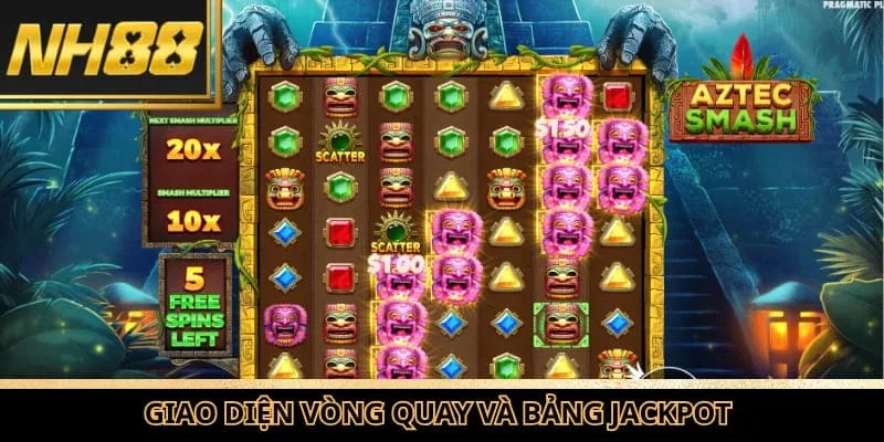 Giao diện vòng quay và bảng jackpot của nổ hũ kho báu Aztec trong sảnh slot NH88.